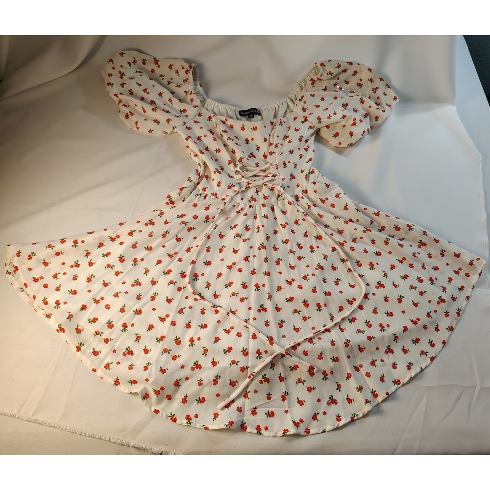 Crystal Doll Francesca's Red Floral Puff Sleeve Lace Up Mini Dress White XS NEW